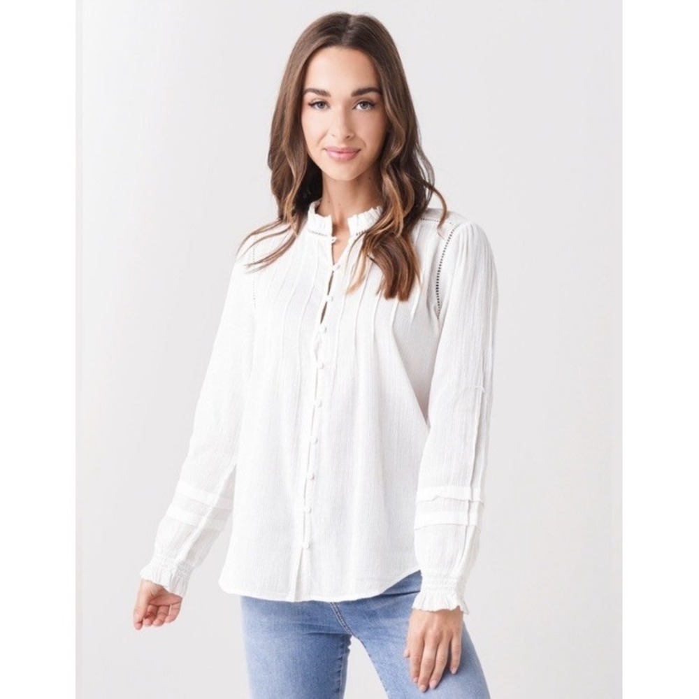 Faherty Willa Top White Organic Cotton Casual Bohemian Peasant Long Sleeve XS